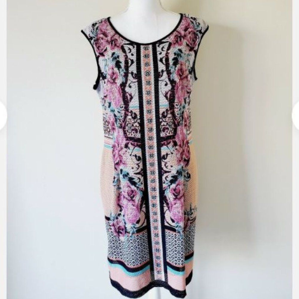 Cato Black Pink Floral Mesh Overlay Sheath Dress Women's size 12